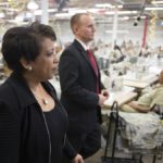 Attorney General Loretta Lynch tours a factory where inmates work at the Talladega Federal Correctional Institution in Talladega, Ala. on April 29, 2016.